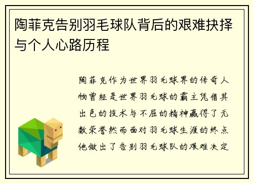 陶菲克告别羽毛球队背后的艰难抉择与个人心路历程