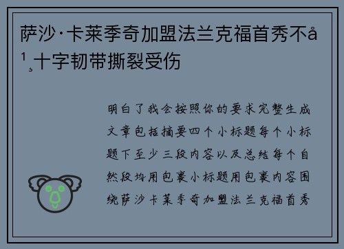 萨沙·卡莱季奇加盟法兰克福首秀不幸十字韧带撕裂受伤